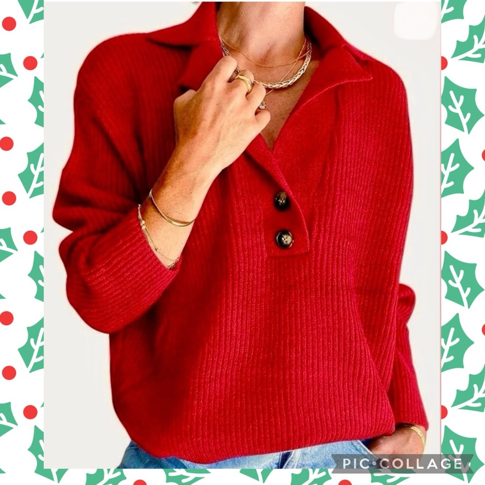 Sweater notch collar, button trim, Oversize, Shaker-style knit, Red XL